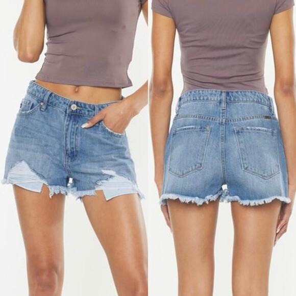 KanCan High Rise Medium Wash Frayed Distressed Shorts Light Wash Size 11/29 - Picture 1 of 13